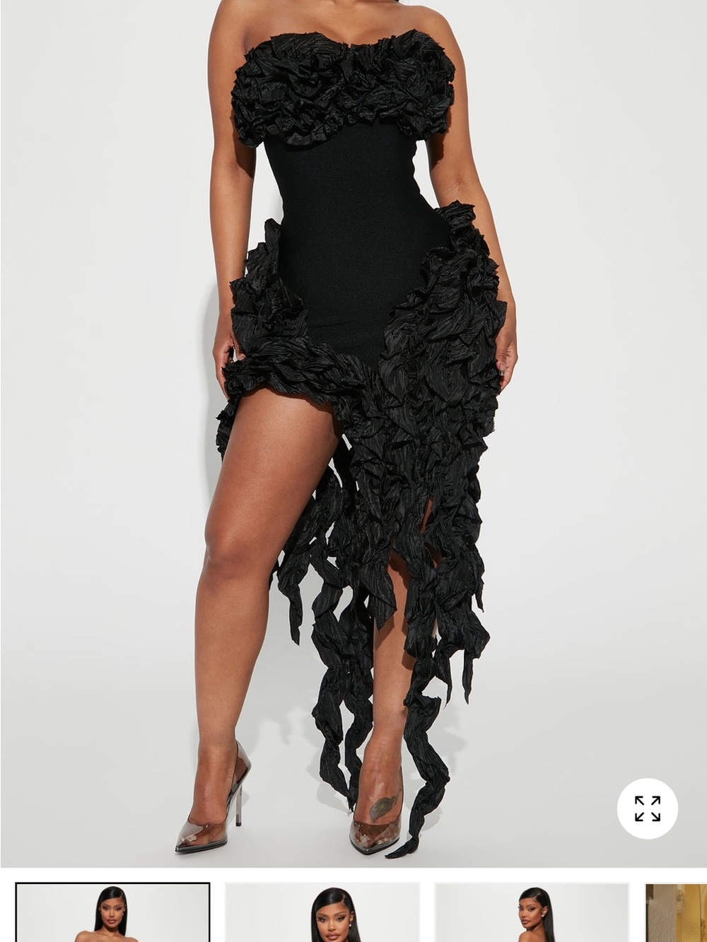 Fashion Nova Black Strapless Ruffled High-Low Dress